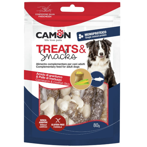 Recompense pentru caini Camon CAM-AE070 Oase din amidon de porumb si piele de peste 80g